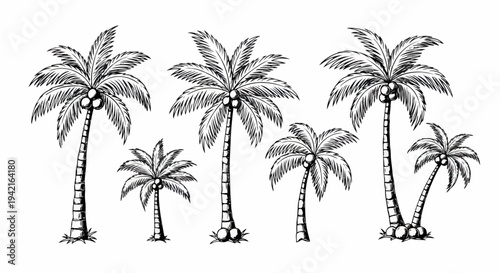 Set von detaillierten, handgezeichneten Palmen mit Kokosnüssen im Skizzenstil, perfekte Vektorillustration für tropische Themen.