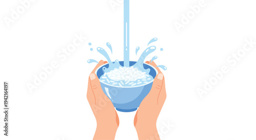 Two hands hold a blue bowl filled with white rice as a stream of water vigorously splashes into it on a clean white background.