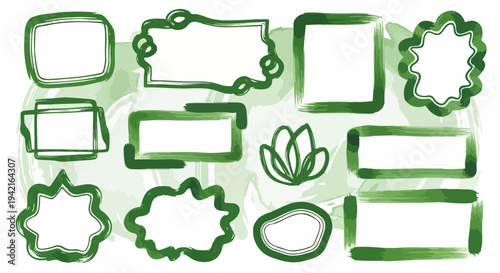 Set di cornici e bordi acquerello verdi disegnati a mano con forme irregolari e loto stilizzato, perfetti per design organici e creativi.