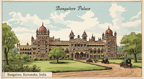 Historische Illustration des prächtigen Bangalore Palastes in Indien, dargestellt im charmanten Vintage-Postkartenstil mit alten Autos und grüner Landschaft.