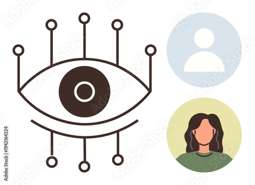 Digital security, artificial intelligence, user identification, privacy concepts, online identity, tech innovation. Eye with circuit details and two user profile icons. Digital security and AI