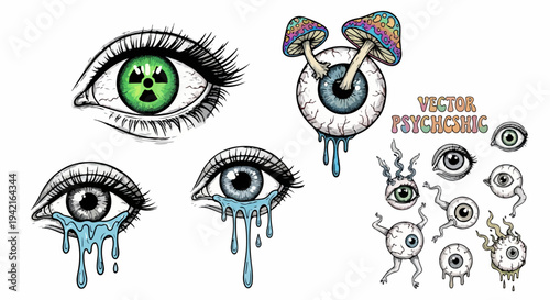 Vektorset psychedelischer und surrealer Augenillustrationen, darunter weinende Augen, Pilzauge und Strahlungssymbol im Grunge-Stil.