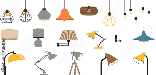 Industrial and Modern Lamp Icon Set Featuring Pendant Lights, Desk Lamps, Floor Lamps, and Stylish Lighting Fixtures in Warm Tones