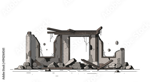 A desolate single-story ruined building with crumbling grey walls and exposed wooden beams stands amidst debris on a white background.