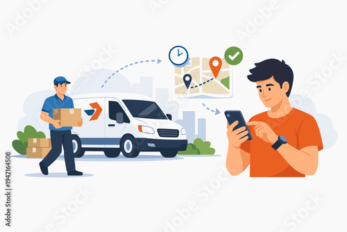 Flat Vector Illustration of a Delivery Service with a Courier Carrying a Package, a White Shipping Van, and a Customer Tracking an Order on a Smartphone App with GPS Map and Real-Time Status.