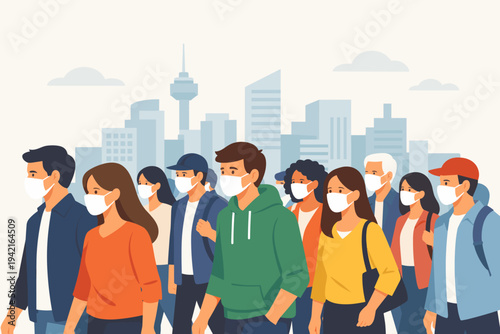 Diverse crowd of people wearing protective face masks walking on a city street with a skyscraper background, representing public health, safety, pandemic prevention, and urban lifestyle vector.