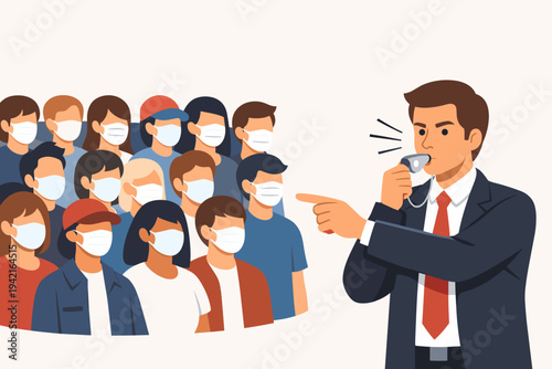 Vector Illustration of a Crowd of Diverse People Wearing Protective Face Masks and a Whistleblower Man in a Suit Pointing and Blowing a Whistle for Public Health Safety and COVID-19 Compliance.