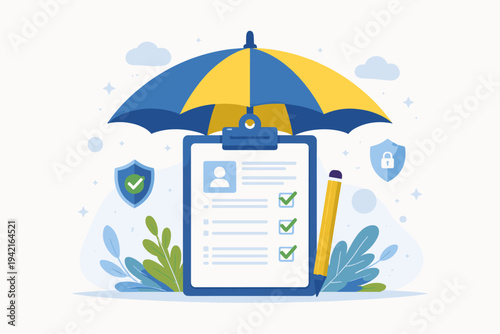 Insurance Policy and Coverage Concept Vector Illustration. Clipboard with Application Form, Checkmarks, and Protective Umbrella. Data Security, Risk Management, Safety Shield, and Pencil Icons.