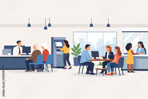 Modern Bank Office Interior with Professional Employees Assisting Diverse Customers, People Using ATM, Teller Counter, Financial Services, Consulting, and Banking Operations Flat Vector