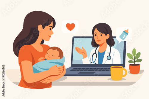 Mother holding newborn baby during online medical consultation with female pediatrician on laptop. Telemedicine concept for infant healthcare, pediatric advice, and remote doctor visit. Flat vector.