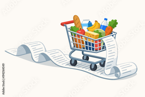 Shopping cart full of groceries on a long POS terminal receipt, flat vector illustration representing high prices, inflation, expensive food costs, retail consumerism, and economic expenses.