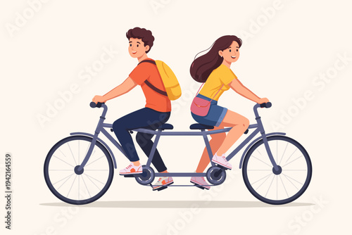 Flat Vector Illustration of a Young Man and Woman Riding a Tandem Bike in Opposite Directions, Symbolizing Relationship Misalignment, Conflict, Different Life Paths, and Lack of Cooperation.