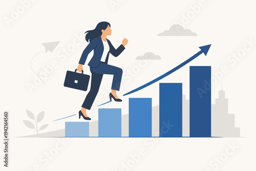 Ambitious Businesswoman Climbing Up a Bar Chart Career Ladder Representing Professional Growth, Success, and Achievement. Flat Vector Illustration of Female Leadership and Business Development.