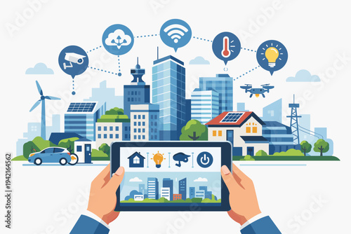 Smart City Concept with Hands Holding Tablet to Control Intelligent Buildings, Renewable Energy, IoT Devices, and Urban Infrastructure, Modern Flat Vector Illustration for Technology Theme.