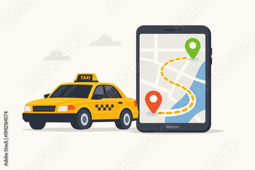 Yellow Taxi Cab and Smartphone with GPS Navigation Map Showing Route and Location Pins, Flat Vector Illustration for Ride-Hailing Service, Urban Transportation and Mobile App Technology