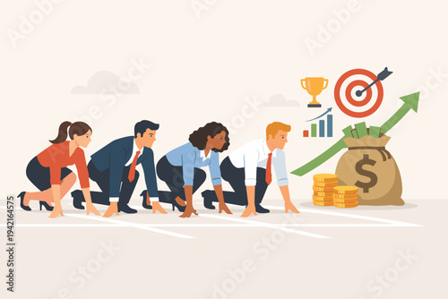 Business people in starting position for a race towards financial success and goals. Flat vector illustration of diverse professionals ready to compete for money, trophies, and career growth.