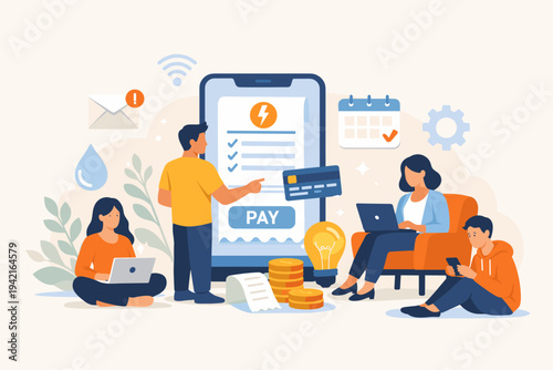 Flat Vector Illustration of People Paying Utility and Electricity Bills Online via Mobile App and Laptops. Family Managing Household Expenses, Digital Payments, and Financial Planning Concept.