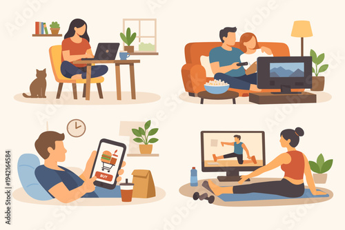 Vector Illustration Set of People Staying at Home: Woman Working Remotely on Laptop with Cat, Couple Watching TV on Sofa, Man Ordering Food via Mobile App, and Woman Doing Home Workout with Video.