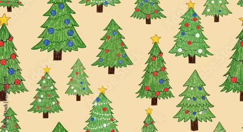 Nahtloses Muster aus handgezeichneten, festlich geschmückten Weihnachtsbäumen mit Sternen und Kugeln auf hellem Hintergrund für fröhliche Feiertagsdesigns.