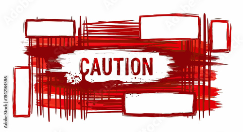 Banner di avviso "CAUTION" con sfondo rosso effetto pennellata grunge e cornici vuote, ideale per grafiche di pericolo o attenzione.