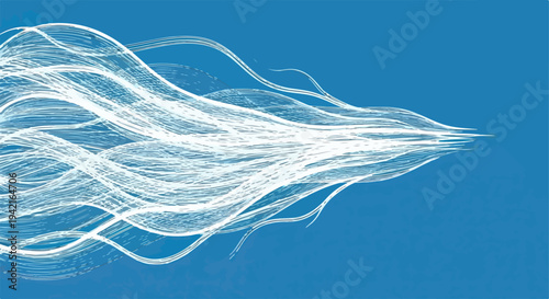 Flusso dinamico di particelle luminose bianche su sfondo blu, rappresentazione astratta di velocità ed energia digitale.