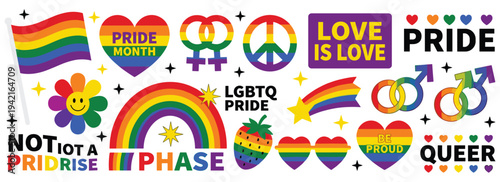 Pride month symbols and rainbow lgbtq equality stickers collection