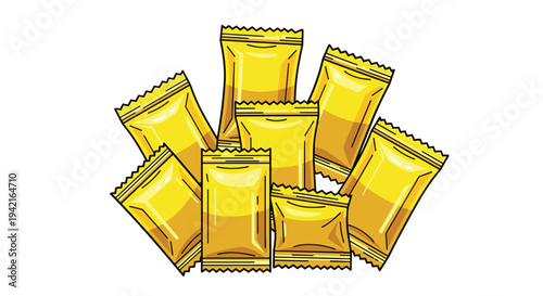 A cheerful pile of approximately eight small, crinkled yellow foil pouches with serrated edges is illustrated against a clean white background.