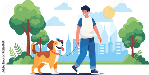 Man Walking Dog in Park Icon Set Featuring Urban Background, Greenery, and Happy Pets in a Colorful, Illustrative Style