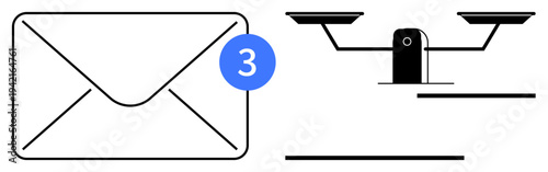 Communication, legal systems, online services, notifications, balance, messages. An envelope with a notification badge alongside a balance scale icon. Communication and legal systems conceptual