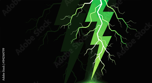 Fulmine verde stilizzato su sfondo nero che simboleggia energia, potenza e velocità in un design moderno.