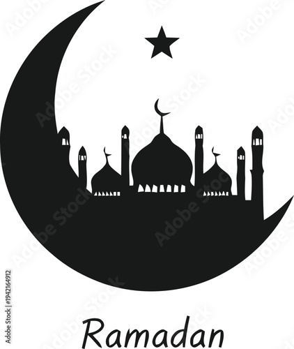 Ramadan kareem crescent moon with mosque and star silhouette Islamic holiday greeting card graphic design concept