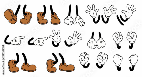 Kolekcja wektorowych rąk i nóg w klasycznym stylu kreskówkowym, idealna do animacji postaci i projektów graficznych.