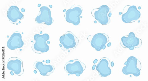 Kolekcja jasnoniebieskich, organicznych kształtów płynnych z delikatnymi konturami i bąbelkami, idealnych do nowoczesnych projektów graficznych i tła.