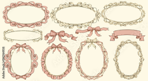 Kolekcja eleganckich, ręcznie rysowanych ramek i wstążek w stylu vintage, idealnych do dekoracji zaproszeń i kartek okolicznościowych.