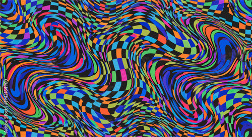 Sfondo astratto psichedelico con motivo a scacchiera vibrante e ondeggiante, creando un'illusione ottica dinamica e colorata.