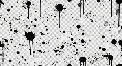 Schizzi e gocce di inchiostro nero su sfondo trasparente, creando una texture grunge astratta e dinamica per design moderni.