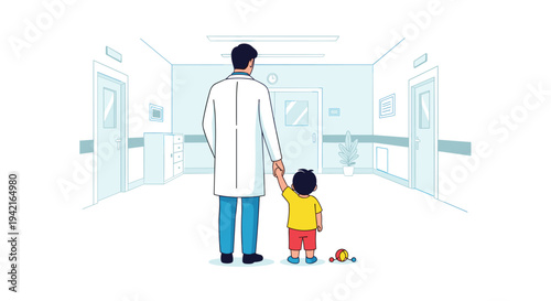 A male doctor in a white lab coat is seen from behind, holding a small boy's hand as they walk down a bright hospital hallway with toys on the floor.