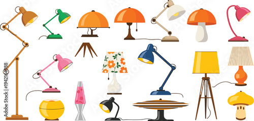 Retro and Colorful Lamp Icon Set Featuring Desk Lamps, Table Lamps, Lava Lamps, and Funky Lighting Fixtures in Vibrant Designs