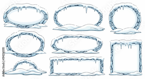 Illustrazione vettoriale di un set di cornici decorative invernali con ghiaccio, neve e stalattiti, ideali per design natalizi.