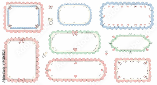 Set di cornici decorative pastello con bordo smerlato, cuori e fiocchetti, perfette per design carini e dolci.