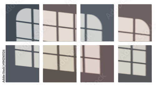 Kolekcja ośmiu minimalistycznych obrazów przedstawiających cienie okien na ścianach w różnych odcieniach, tworząc abstrakcyjną kompozycję światła i formy.