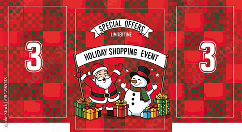 Wesoły Mikołaj i bałwan promują świąteczne wydarzenie zakupowe ze specjalnymi ofertami i prezentami na tle czerwonej kraty.