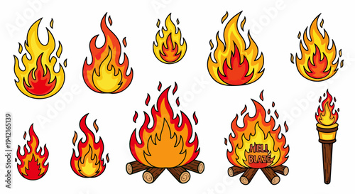 Set di icone vettoriali con fiamme di fuoco stilizzate, falò e torcia accesa in stile cartone animato su sfondo bianco.