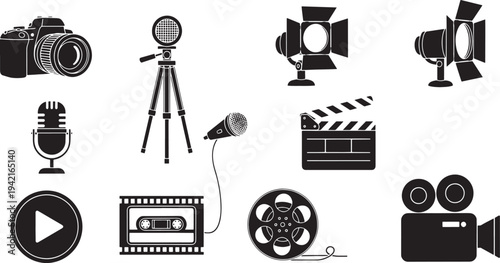 Collection of black and audio recording equipment on white background camera microphone tripod spotlight