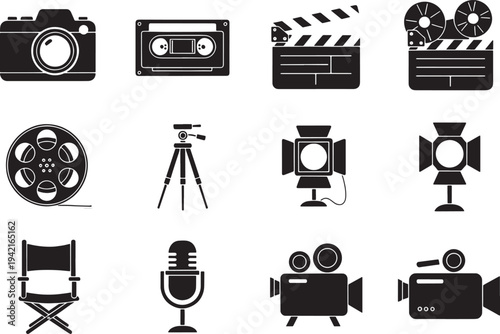 Collection of black and on white background camera reel clapperboard microphone tripod