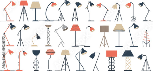 Stylish and Modern Lamp Icon Set Featuring Desk Lamps, Floor Lamps, Unique Light Fixtures, and Creative Lighting Designs in Vibrant and Neutral Colors
