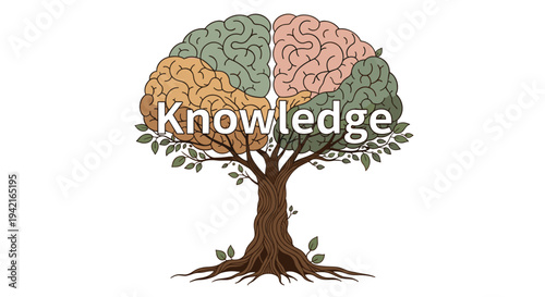 A stylized tree with a textured brown trunk supports a brain-shaped canopy segmented into four distinct colored lobes, with Knowledge inscribed centrally.