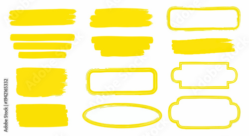 Zestaw ręcznie rysowanych żółtych elementów zakreślacza, w tym pociągnięcia, podkreślenia i ramki, idealny do wyróżniania tekstu.