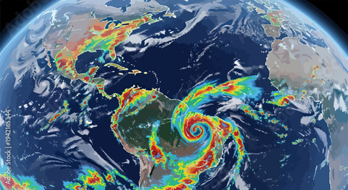 Wizualizacja danych meteorologicznych przedstawiająca potężny huragan nad Oceanem Atlantyckim, symbolizująca globalne zmiany klimatyczne i monitorowanie pogody.