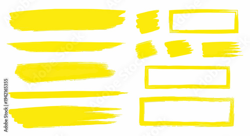Kolekcja żółtych pociągnięć pędzla i ramek zakreślacza, idealna do podkreślania tekstu i tworzenia elementów graficznych na białym tle.